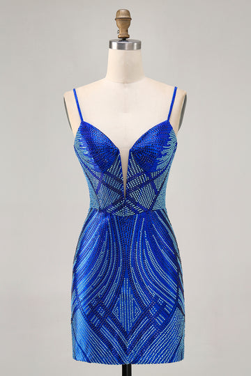 Royal Blue Spaghetti Straps Beaded Bodycon Homecoming Dress